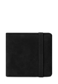 Black leather wallet with a smooth texture, rectangular shape, sturdy elastic band closure, and embossed logo detail on the side.