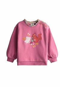 Rosa Sweatshirt mit langen, puffigen Ärmeln. Mit gestickten Motiven eines Kaninchens und eines Eichhörnchens zwischen Blättern und Pilzen. Gerippter Halsausschnitt.
