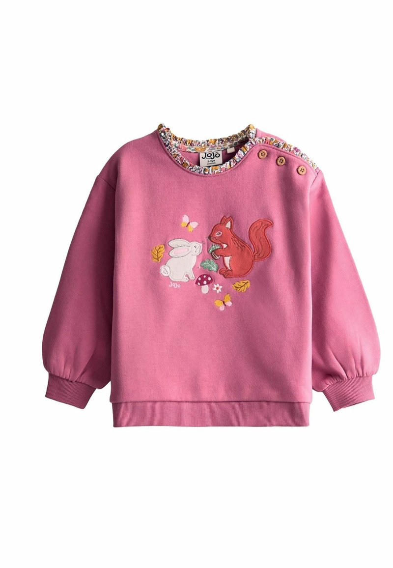 Rosa Sweatshirt mit langen, puffigen Ärmeln. Mit gestickten Motiven eines Kaninchens und eines Eichhörnchens zwischen Blättern und Pilzen. Gerippter Halsausschnitt.