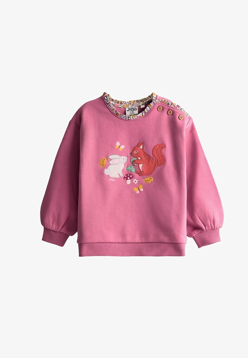 Rosa Sweatshirt mit langen, puffigen Ärmeln. Mit gestickten Motiven eines Kaninchens und eines Eichhörnchens zwischen Blättern und Pilzen. Gerippter Halsausschnitt.