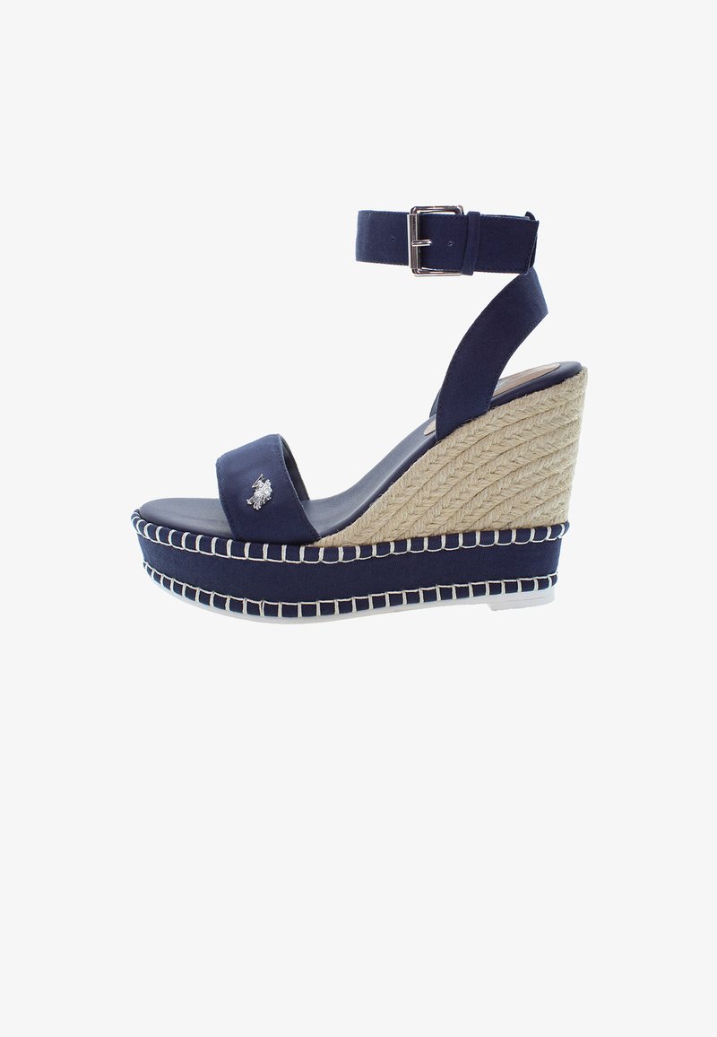 Námornické modré klínové sandály s textilním kotníkovým páskem, espadrilovým jute středním podešví a stříbrným logem na nártu.