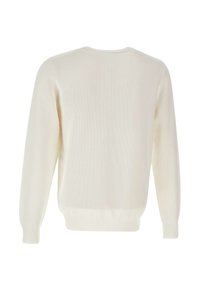 Maglione a maglia beige chiaro, colletto rotondo, maniche lunghe, polsini e fondo a costine, texture liscia, design minimalista, colore unito senza fantasie.