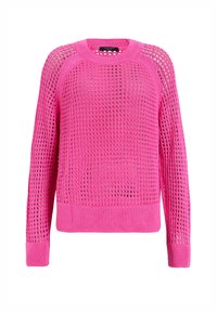 Różowy sweter dziany o luźnym, otwartym splocie, z prążkowanymi mankietami i dołem oraz okrągłym dekoltem. Posiada wyraźne wzory wentylacyjne.