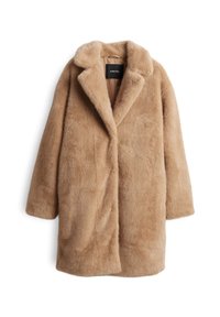 Cappotto in finta pelliccia marrone con colletto a revers, maniche lunghe e vestibilità rilassata. Tessuto morbido con chiusura a un bottone e tasche laterali.