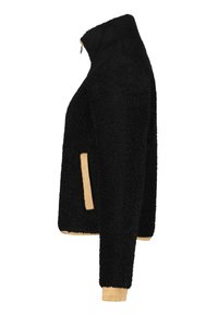 Giacca in pile nera con colletto alto, tasche a contrasto color sabbia, superficie testurizzata e polsini a coste. La vista laterale mette in mostra la sua vestibilità rilassata.