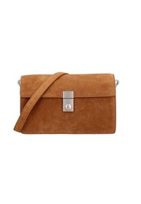 Borsa a tracolla in suede marrone con patta, chiusura in metallo silver, tracolla regolabile e superficie liscia. Forma rettangolare compatta.