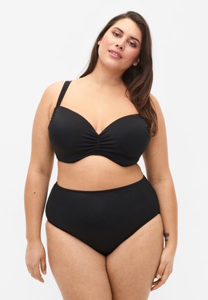 Black swimwear set featuring a lightly padded, ruched bra top with adjustable straps and high-waisted bottom. Smooth, stretch fabric.