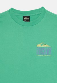 Mėtų žalios spalvos medvilninis marškinėliai su apvalia iškirpte. Kairėje krūtinės pusėje yra geltonos ir violetinės spalvos grafika "Quiksilver" logotipo.