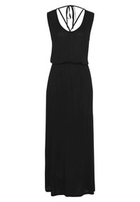 Zwarte maxi-jurk met een mouwloos ontwerp, voorzien van een V-halslijn en gekruiste rugbanden. Gemaakt van zachte stof met een vloeiende silhouet.