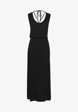 Schwarzes Maxikleid mit ärmellosem Design, V-Ausschnitt und überkreuzten Rückenträgern. Aus weichem Stoff gefertigt mit einem fließenden Schnitt.