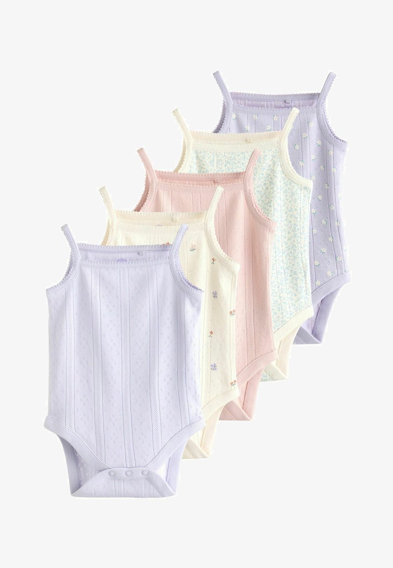 Pięć pastelowych body dla niemowląt na cienkich ramiączkach, z delikatnymi wzorami takimi jak kwiaty i paski, ułożonych w kształt wachlarza warstwowego.