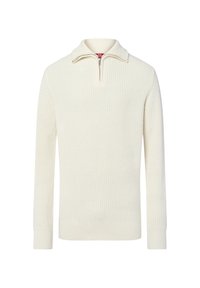 Cremfarbener Strickpullover mit einem Reißverschlusskragen, der eine gerippte Textur und lange Ärmel aufweist. Einfaches Design ohne Muster oder Akzente.