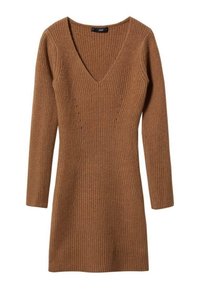 Robe en maille marron à manches longues, décolleté en V profond, texture côtelée et détails subtils le long des coutures. Silhouette ajustée.