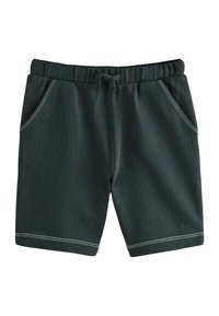 Shorts gris foncé à enfiler en tissu doux, dotés d'une taille élastique, d'un cordon plat et d'accents de surpiqûres blanches sur les poches.