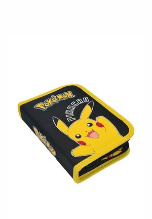 Black and yellow zippered wallet featuring Pikachu with raised arms and the Pokémon logo on front and side.