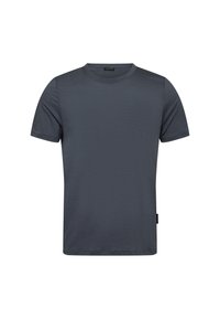 Kortærmet, mørkegrå t-shirt lavet af et glat, let stof med rund halsudskæring og ingen synlige mønstre eller accenter.