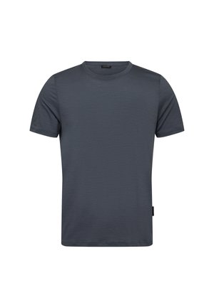 Kortærmet, mørkegrå t-shirt lavet af et glat, let stof med rund halsudskæring og ingen synlige mønstre eller accenter.