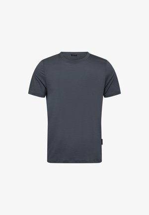 Kortærmet, mørkegrå t-shirt lavet af et glat, let stof med rund halsudskæring og ingen synlige mønstre eller accenter.