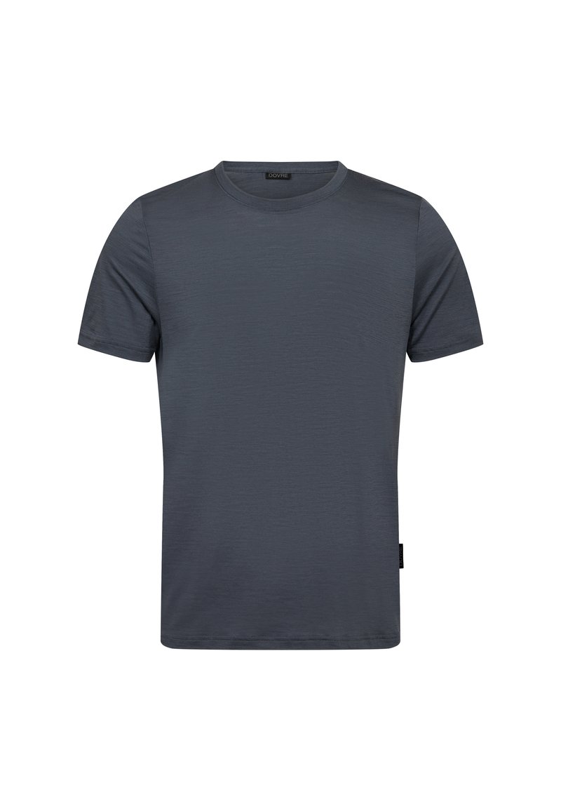 Kortærmet, mørkegrå t-shirt lavet af et glat, let stof med rund halsudskæring og ingen synlige mønstre eller accenter.
