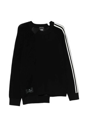 Maglione nero Y-3 a girocollo con maniche lunghe, doppie strisce bianche sulla manica destra e inserti in mesh sulla spalla sinistra.
