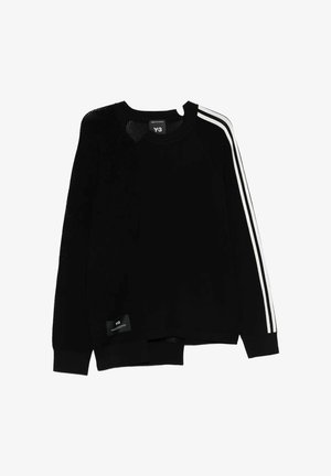 Maglione nero Y-3 a girocollo con maniche lunghe, doppie strisce bianche sulla manica destra e inserti in mesh sulla spalla sinistra.