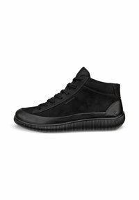 Baskets montantes imperméables noires en daim et caoutchouc, avec une semelle texturée, un bout rond et des lacets, arborant de discrètes touches de marquage.