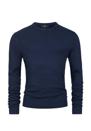 Navy blue sweater featuring a textured ribbed design with diagonal lines, round neckline, and fitted cuffs. Made from soft knit material.
