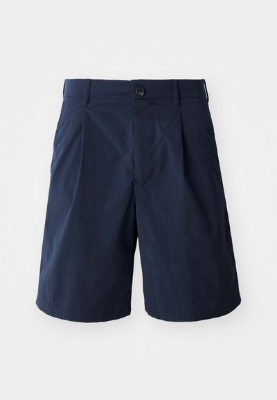 Navy blue shorts made of lightweight fabric, featuring a button closure, side pockets, and a simple design with pleats at the front.