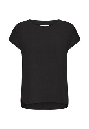 Camiseta negra de manga corta hecha de una tela suave, con un escote redondo, dobladillo curvo y ligeras aberturas laterales para mayor libertad de movimiento.