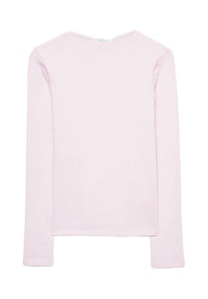 Hellrosa langärmeliges Damen-T-Shirt mit Rundhalsausschnitt und schlanker Passform, flach auf weißem Hintergrund ausgelegt.