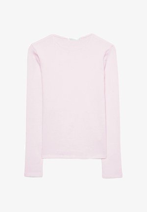 Maglietta rosa chiaro a maniche lunghe da donna con collo rotondo e vestibilità slim, mostrata distesa su uno sfondo bianco.