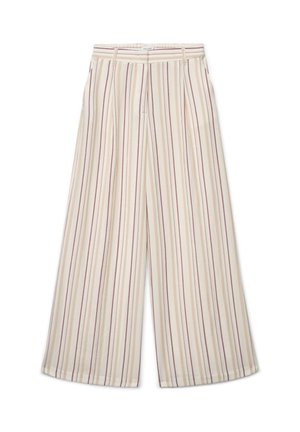 High-waist wide-leg pants with vertical beige, cream, and muted reddish stripes, front zipper, and belt loops.