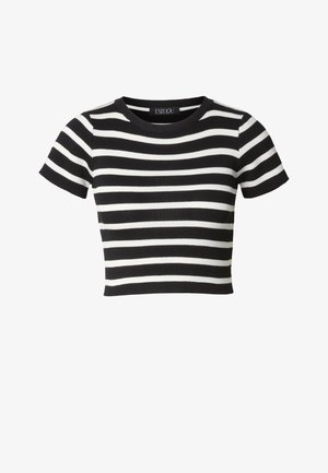 Top corto a maniche corte con righe orizzontali nere e bianche, collo rotondo e tessitura a coste.