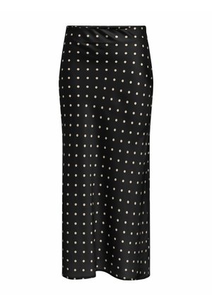 Fekete szatén szoknya, testhezálló fazonnal és törtfehér pöttyökkel, sima textúrával, középhosszú kialakítással és varrás nélküli szegéllyel.