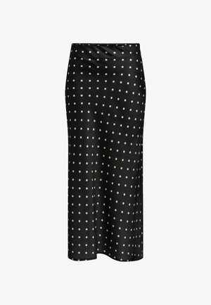 Fekete szatén szoknya, testhezálló fazonnal és törtfehér pöttyökkel, sima textúrával, középhosszú kialakítással és varrás nélküli szegéllyel.
