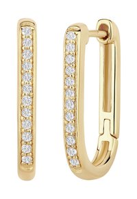 Pendientes de aro dorados con un diseño recto, adornados con piedras redondas claras a lo largo de un borde, con un mecanismo de cierre seguro.