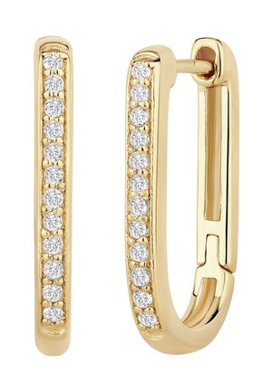 Goldene Creolen mit geradem Design, verziert mit klaren runden Steinen entlang einer Kante, mit einem sicheren Verschlussmechanismus.