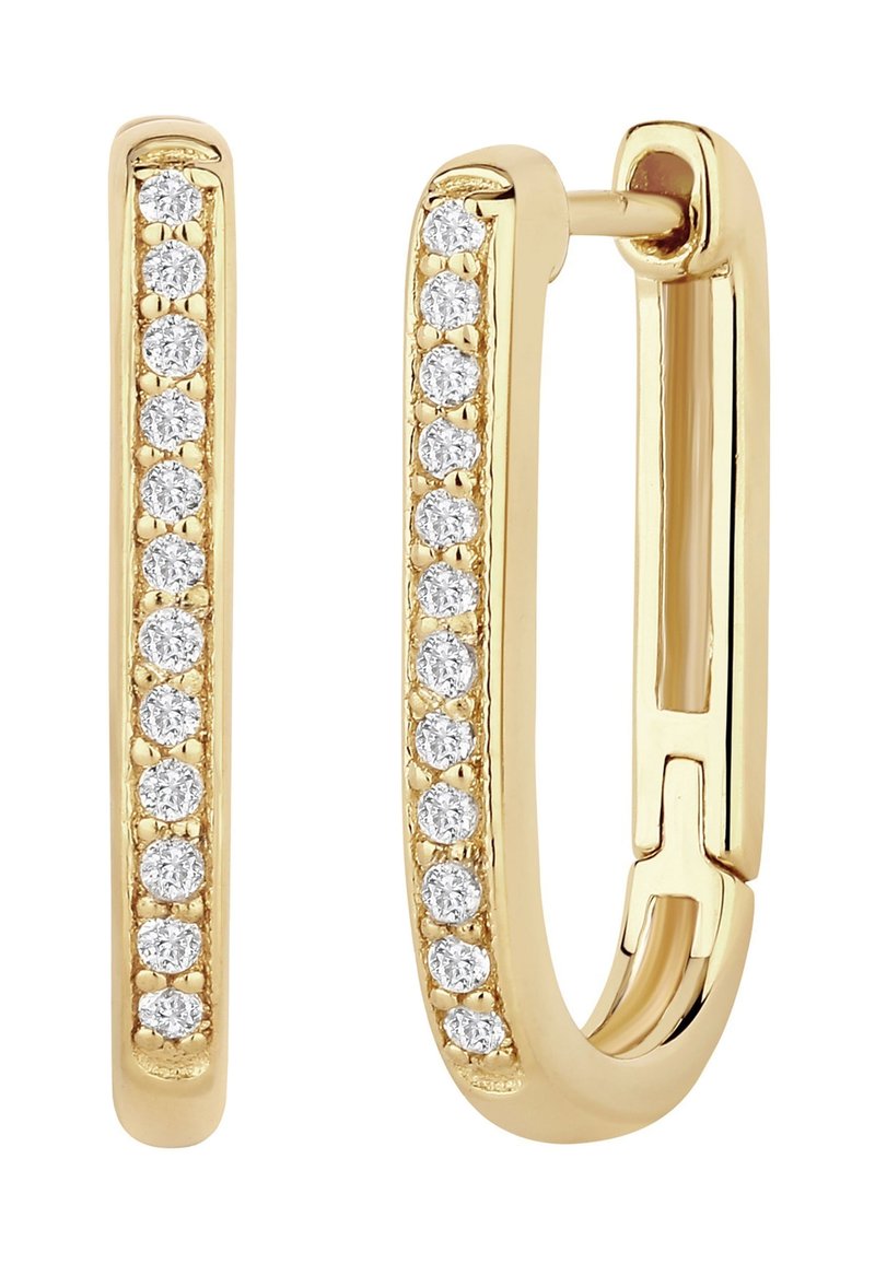 Pendientes de aro dorados con un diseño recto, adornados con piedras redondas claras a lo largo de un borde, con un mecanismo de cierre seguro.