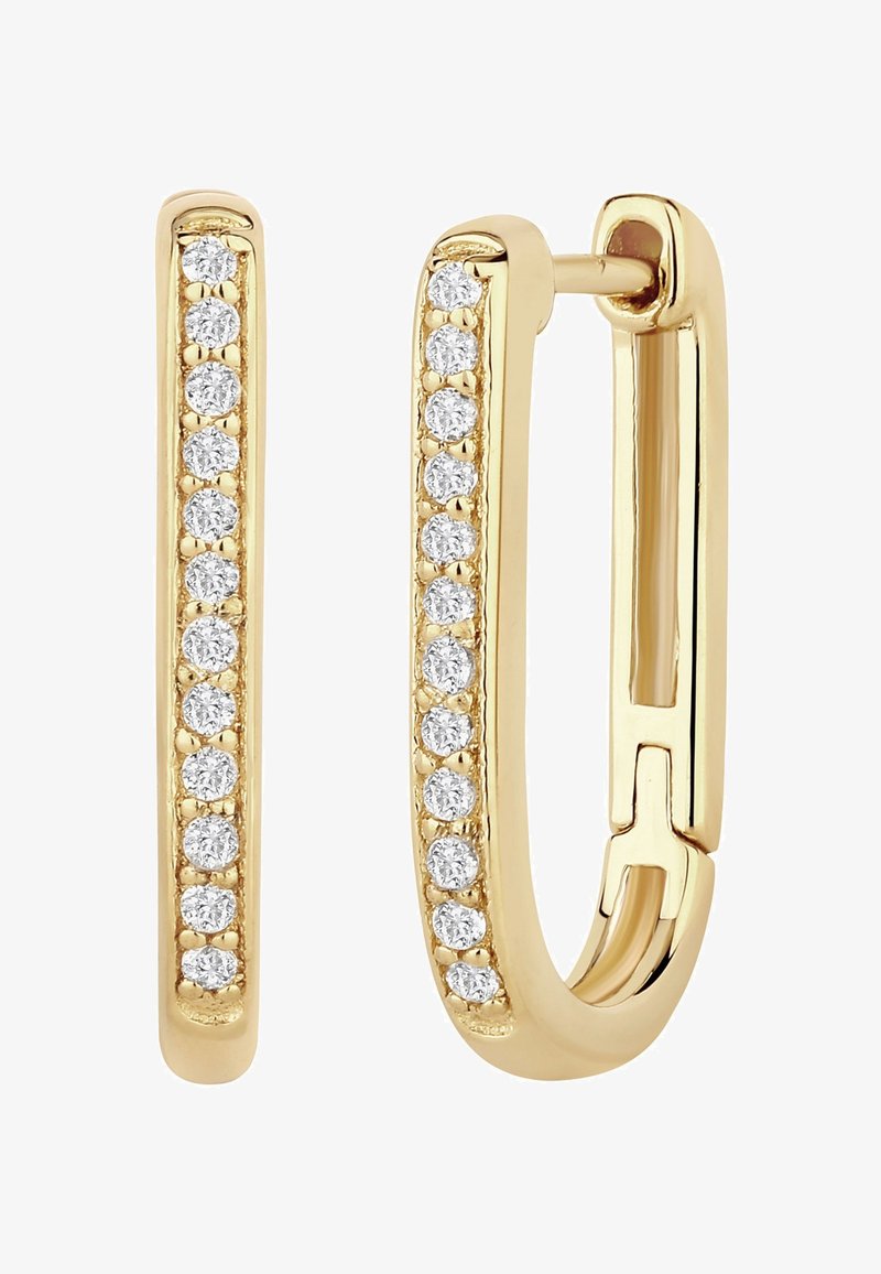 Boucles d'oreilles créoles en or avec un design droit, ornées de pierres rondes claires le long d'un bord, équipées d'un fermoir sécurisé.