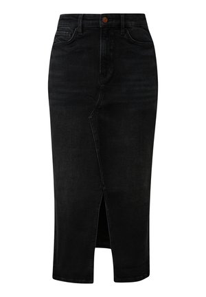 Črna denim krilo s ravnim krojem in sprednjim razporkom. Ima gumbno zapiranje in zanke za pas. Gladka tekstura s klasičnimi šivi.