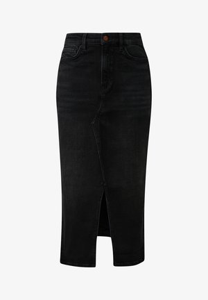 Črna denim krilo s ravnim krojem in sprednjim razporkom. Ima gumbno zapiranje in zanke za pas. Gladka tekstura s klasičnimi šivi.