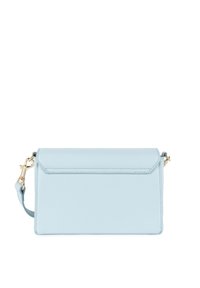 Borsa a mano in pelle azzurro chiaro con forma strutturata, chiusura a magnete e dettagli in oro. Include una tracolla regolabile.