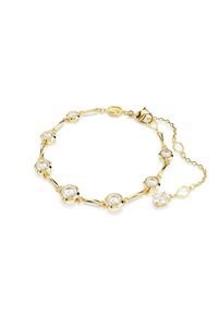 Armband met gouden kleur, voorzien van ronde heldere stenen in cirkelvormige zettingen met langwerpige schakels en een karabijnsluiting, plus een verstelbare kettingverlenging.