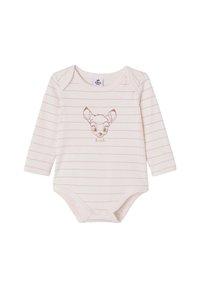 Light pink long-sleeved onesie with white stripes, featuring a brown illustration of Bambi's face and a scalloped collar. Snaps at the bottom.