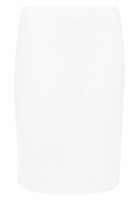 Jupe blanche en crêpe, tissu lisse ; design ajusté, longueur genoux avec une silhouette droite, finition sans couture, sans motifs ni détails visibles.