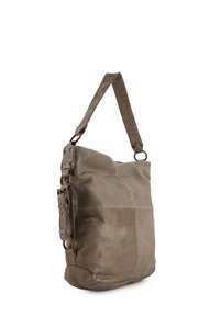 Leren schoudertas in grijs, met een slouchy ontwerp, verstelbare hengsel en metalen hardwareaccenten. Gladde textuur met een matte afwerking.