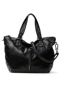 Sac à main en cuir noir avec deux poignées cloutées, poche zippée à l'avant et bandoulière amovible.