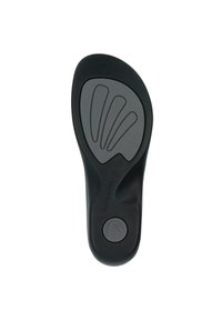 Black shoe insole with a smooth surface, contoured shape, and a textured patterned area. Includes a round logo near the heel.