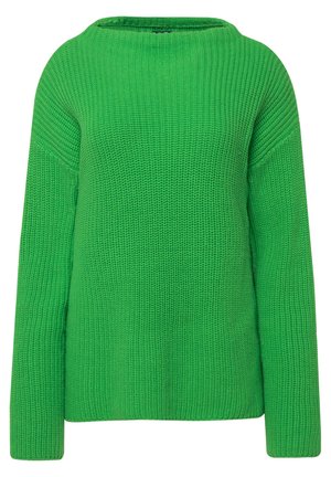 Groene gebreide trui met een losse pasvorm, ronde halslijn en lange mouwen. Gelaagde stof met geribbelde details op de schouders en manchetten.