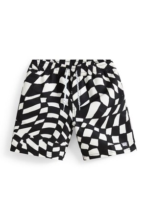 Black swim shorts featuring a bold white abstract pattern, elastic waistband with drawstring, and a small brand logo tag at the hem.